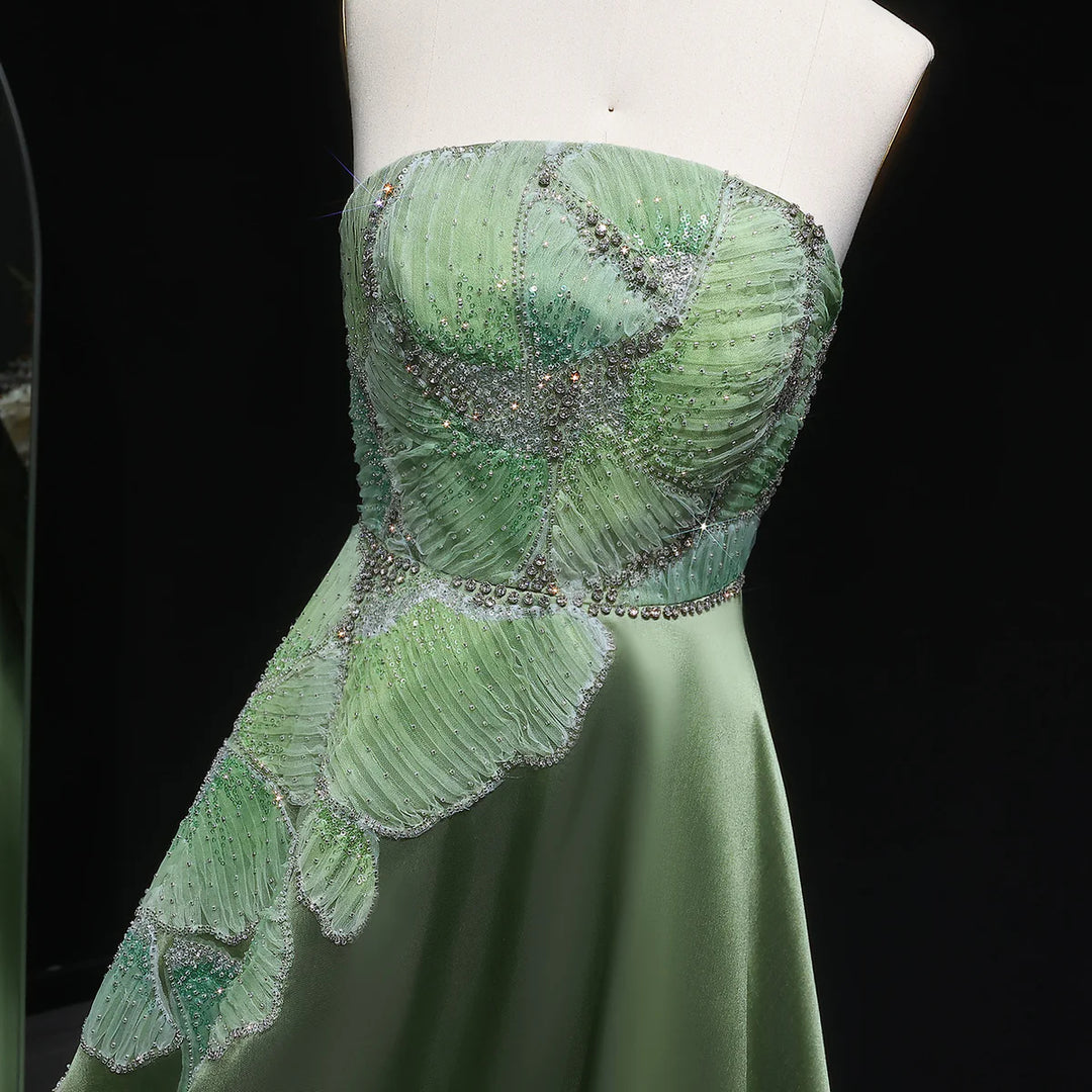 Luxury Green Strapless Embroidery Satin Evening Dress XD077