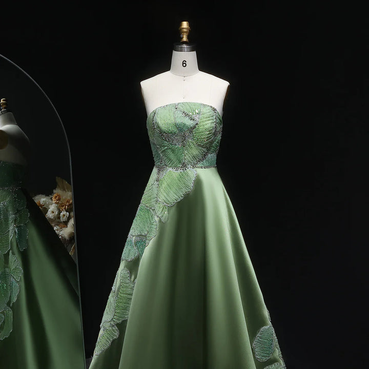 Luxury Green Strapless Embroidery Satin Evening Dress XD077