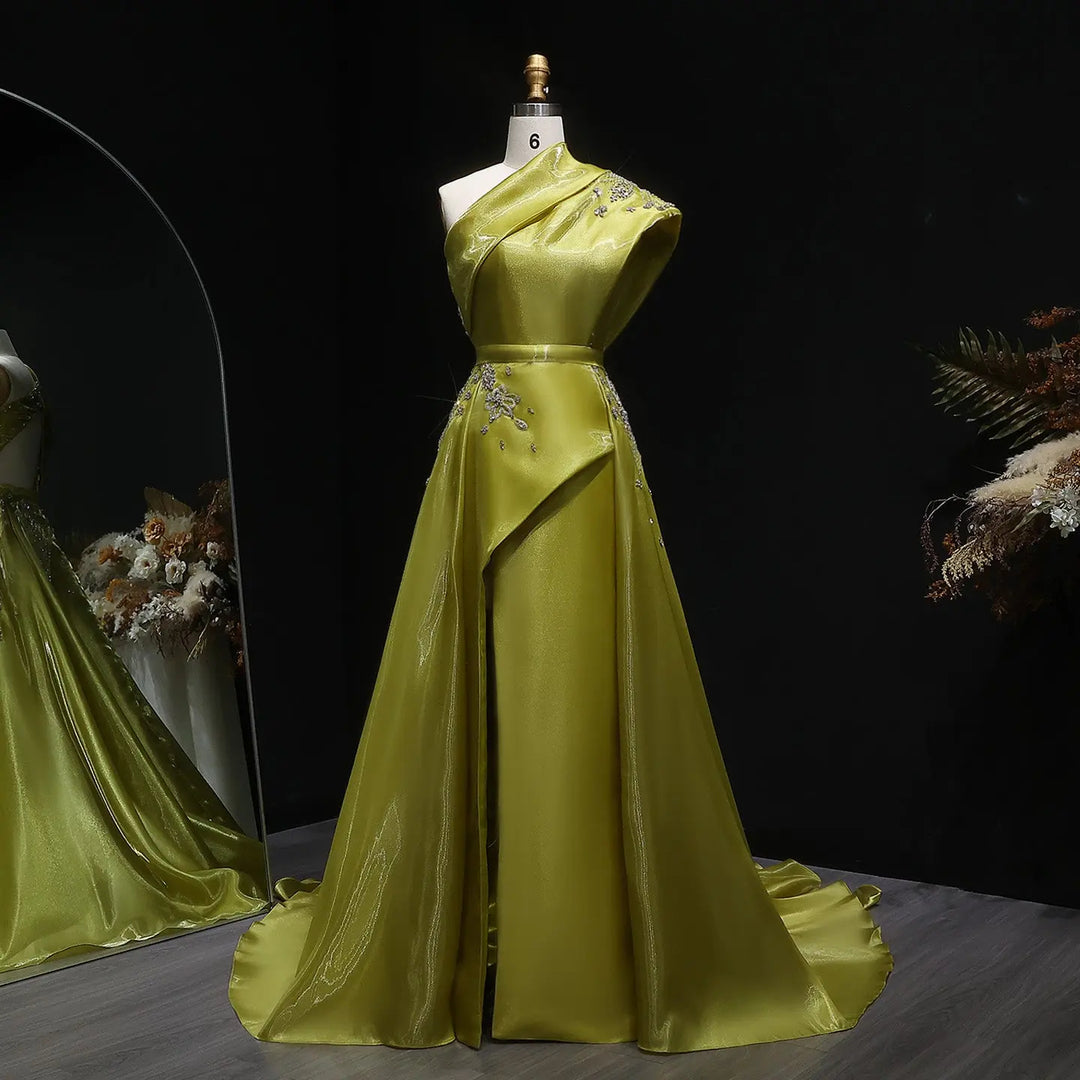 Luxury Satin One Shoulder Evening Dress with Beaded Embroidery Overskirt SS600
