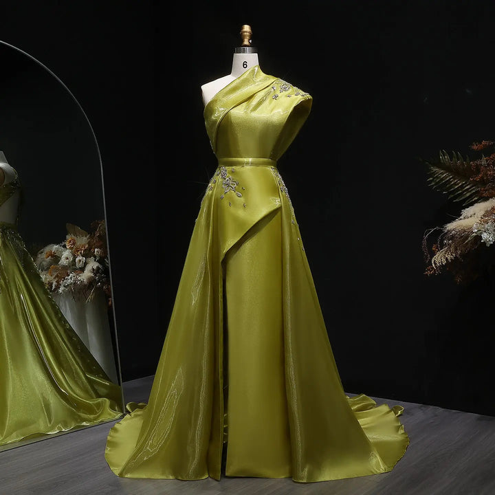 Luxury Satin One Shoulder Evening Dress with Beaded Embroidery Overskirt SS600