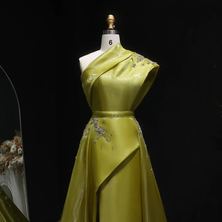 Luxury Satin One Shoulder Evening Dress with Beaded Embroidery Overskirt SS600