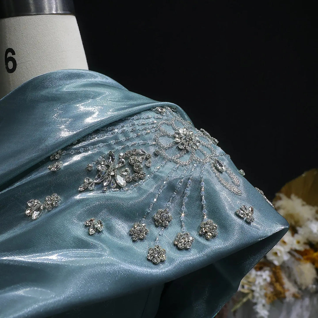 Luxury Satin One Shoulder Evening Dress with Beaded Embroidery Overskirt SS600