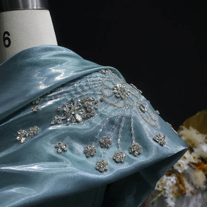 Luxury Satin One Shoulder Evening Dress with Beaded Embroidery Overskirt SS600