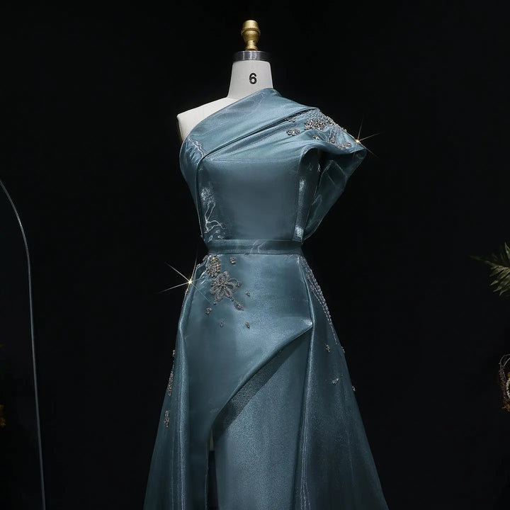 Luxury Satin One Shoulder Evening Dress with Beaded Embroidery Overskirt SS600