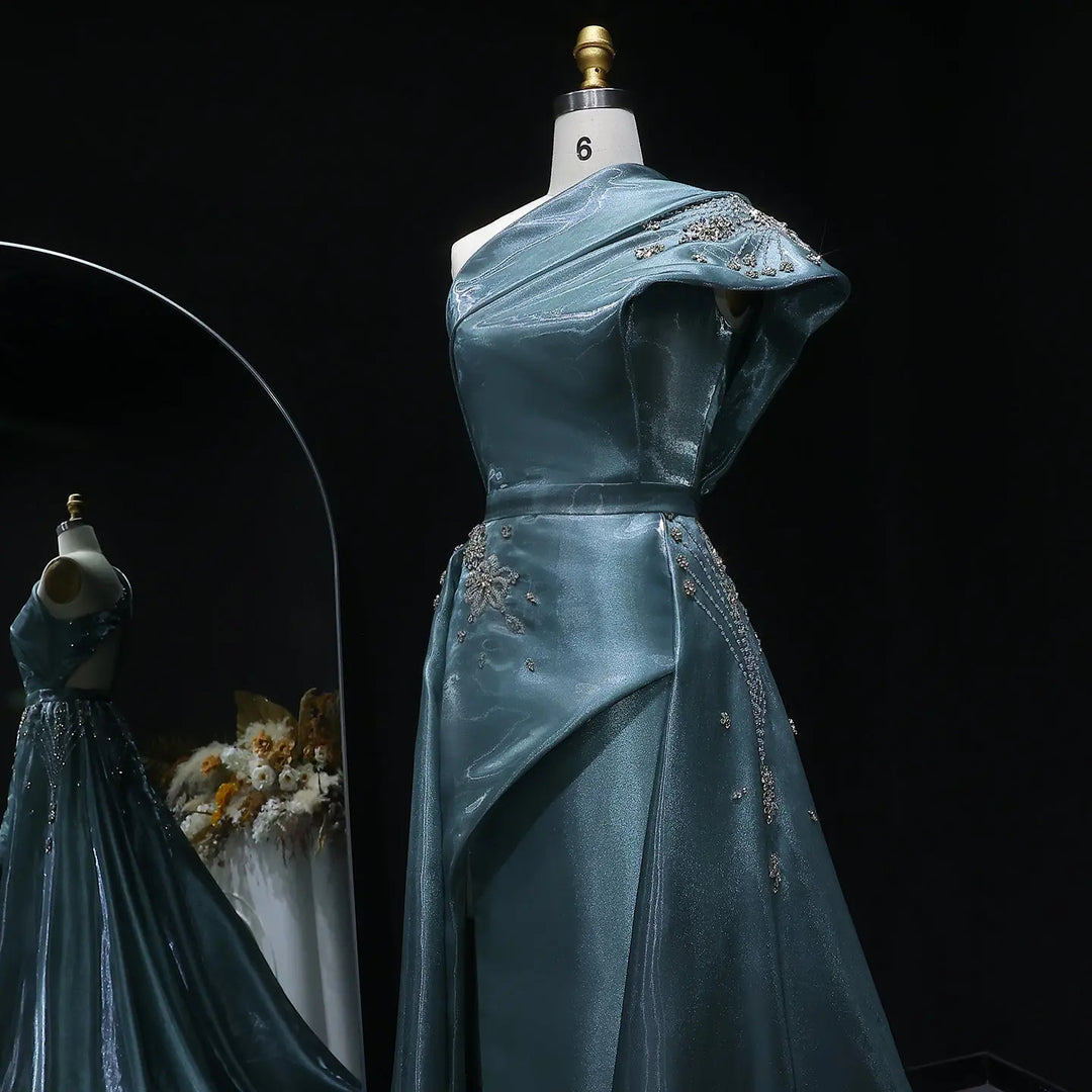 Luxury Satin One Shoulder Evening Dress with Beaded Embroidery Overskirt SS600