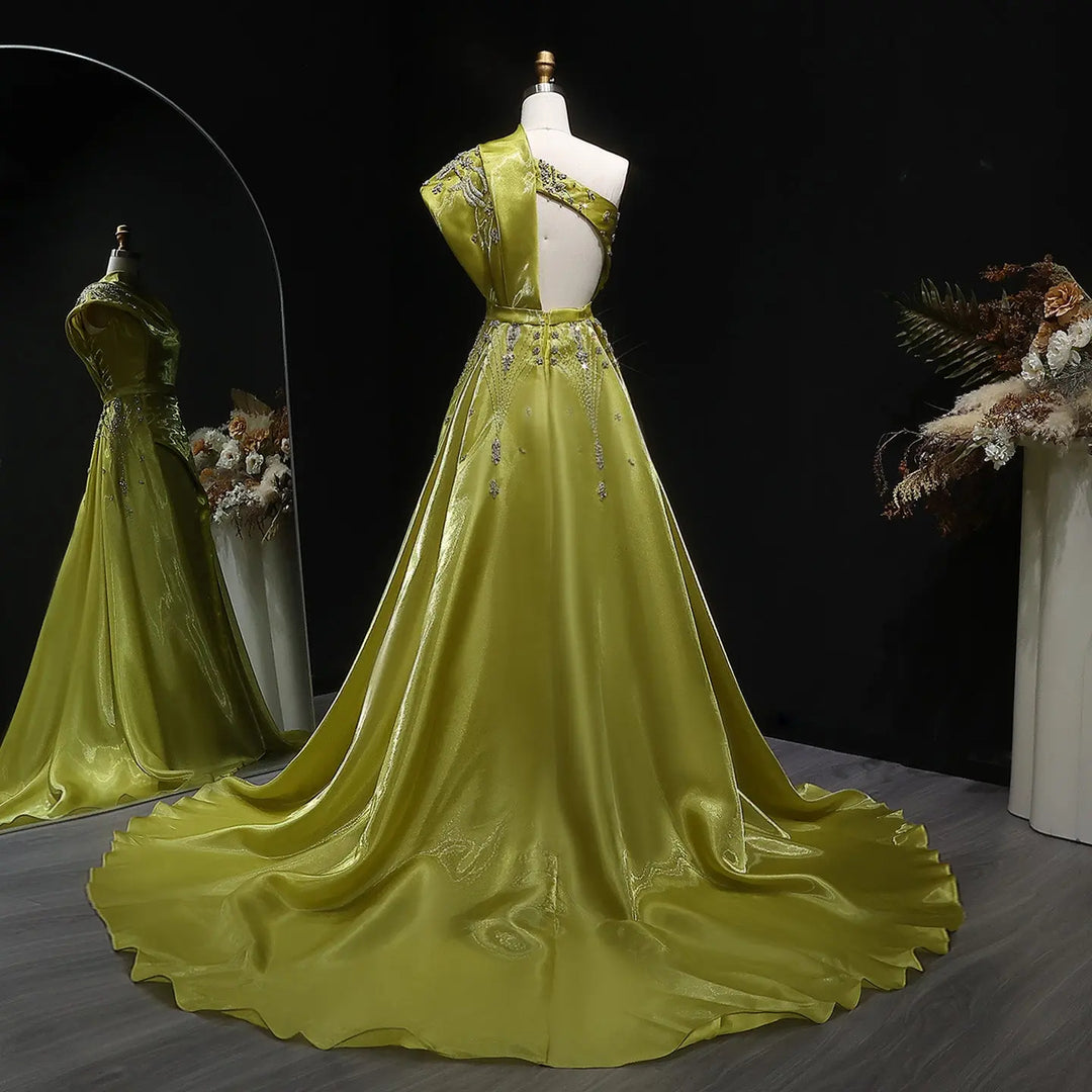 Luxury Satin One Shoulder Evening Dress with Beaded Embroidery Overskirt SS600