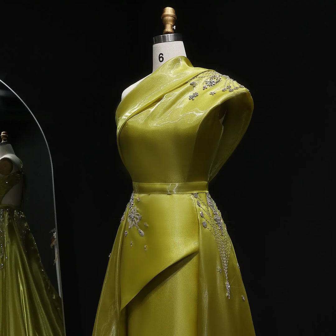 Luxury Satin One Shoulder Evening Dress with Beaded Embroidery Overskirt SS600