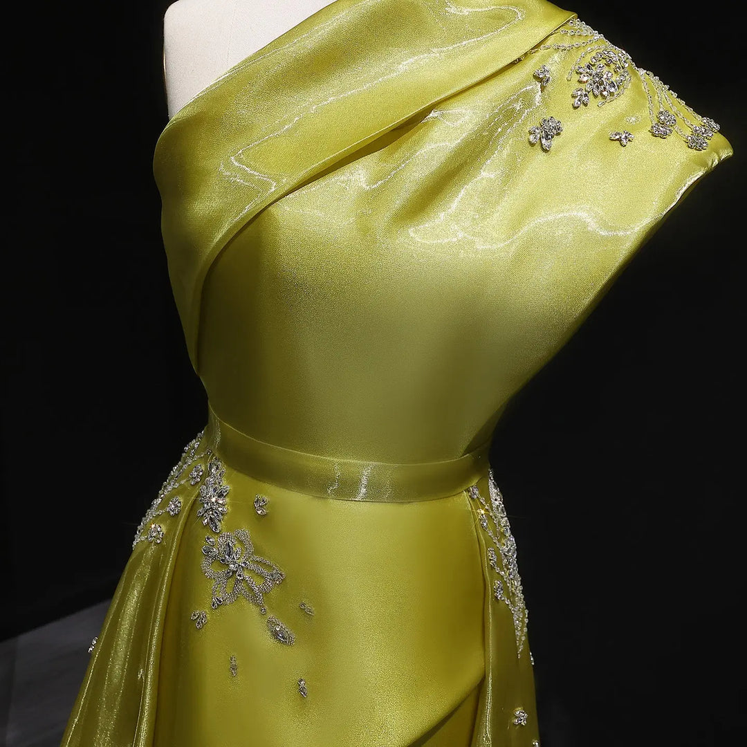 Luxury Satin One Shoulder Evening Dress with Beaded Embroidery Overskirt SS600