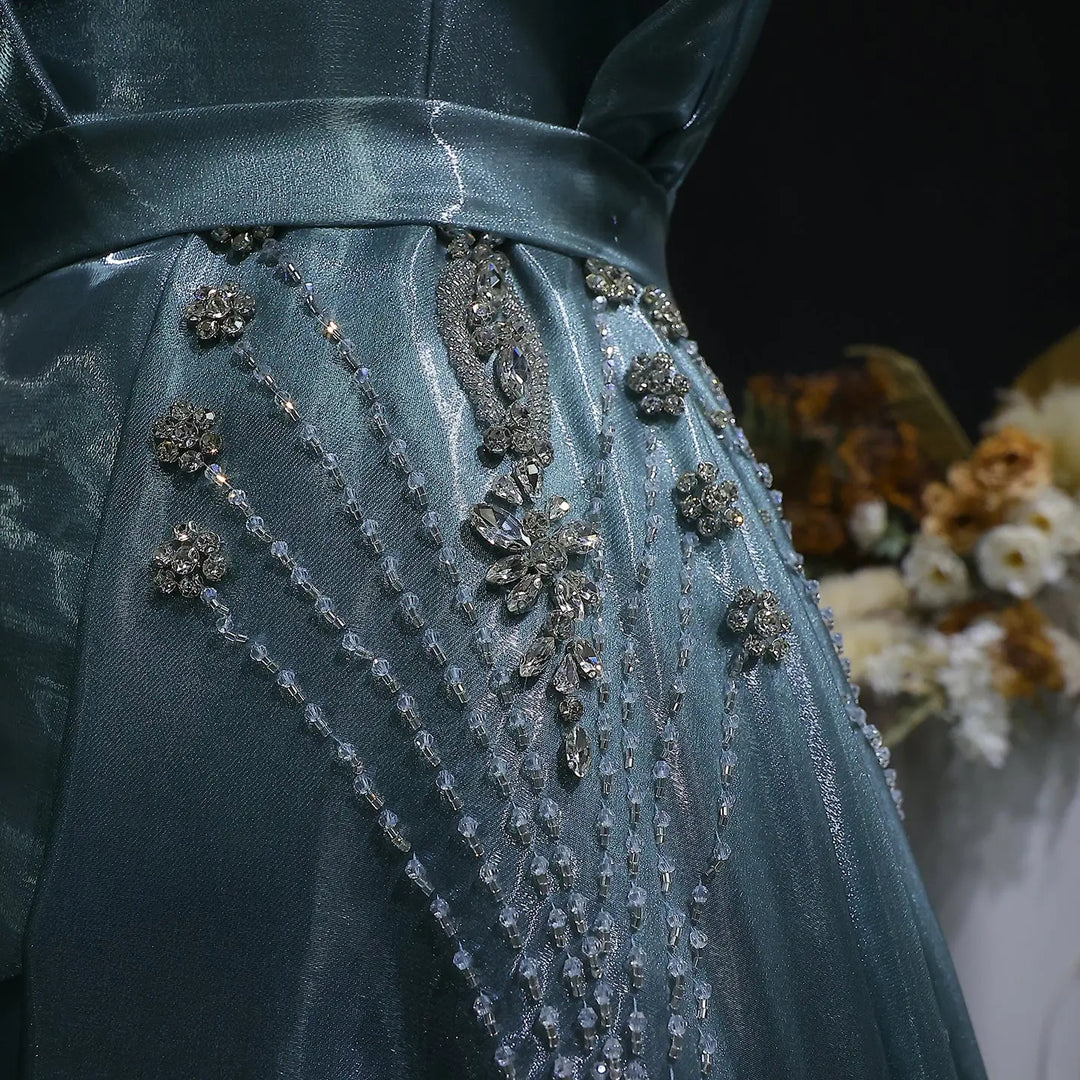 Luxury Satin One Shoulder Evening Dress with Beaded Embroidery Overskirt SS600