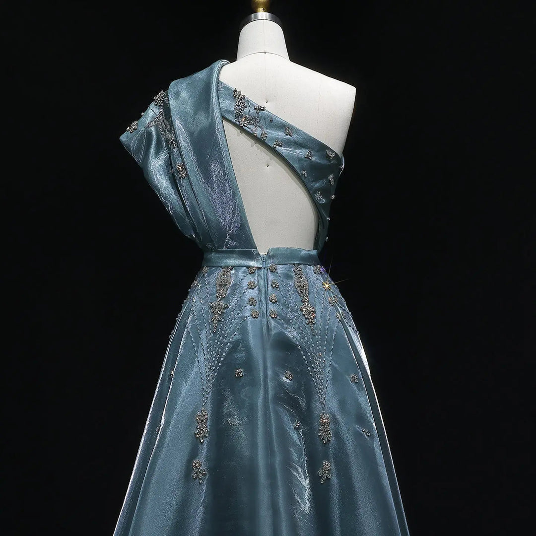 Luxury Satin One Shoulder Evening Dress with Beaded Embroidery Overskirt SS600