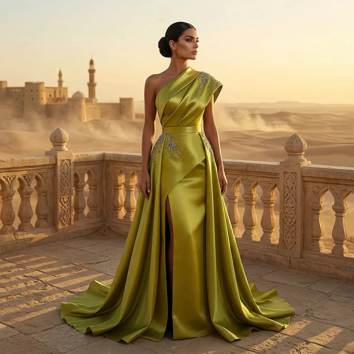Luxury Satin One Shoulder Evening Dress with Beaded Embroidery Overskirt SS600