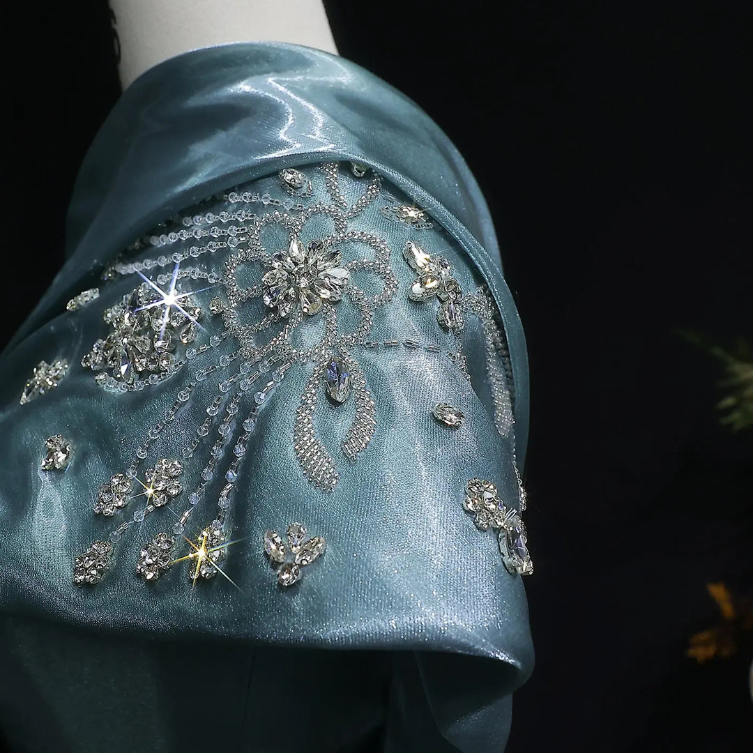 Luxury Satin One Shoulder Evening Dress with Beaded Embroidery Overskirt SS600