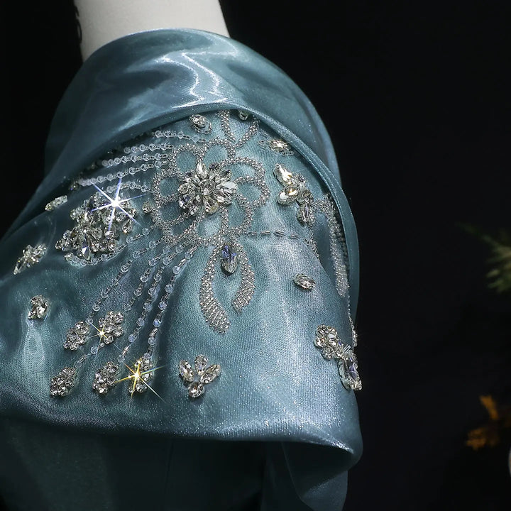 Luxury Satin One Shoulder Evening Dress with Beaded Embroidery Overskirt SS600