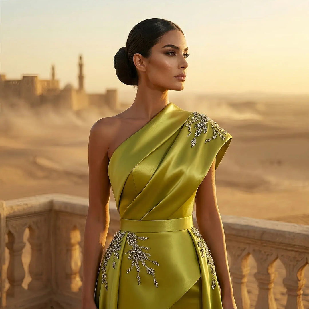 Luxury Satin One Shoulder Evening Dress with Beaded Embroidery Overskirt SS600