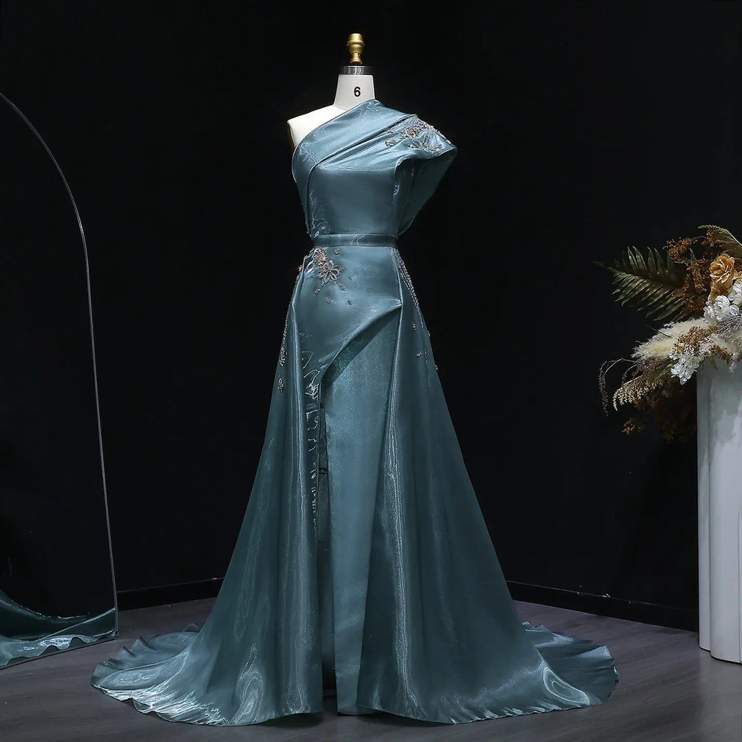 Luxury Satin One Shoulder Evening Dress with Beaded Embroidery Overskirt SS600