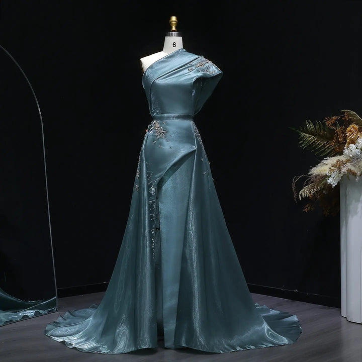 Luxury Satin One Shoulder Evening Dress with Beaded Embroidery Overskirt SS600