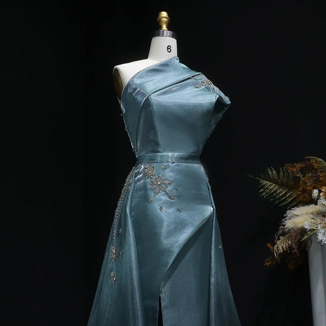 Luxury Satin One Shoulder Evening Dress with Beaded Embroidery Overskirt SS600