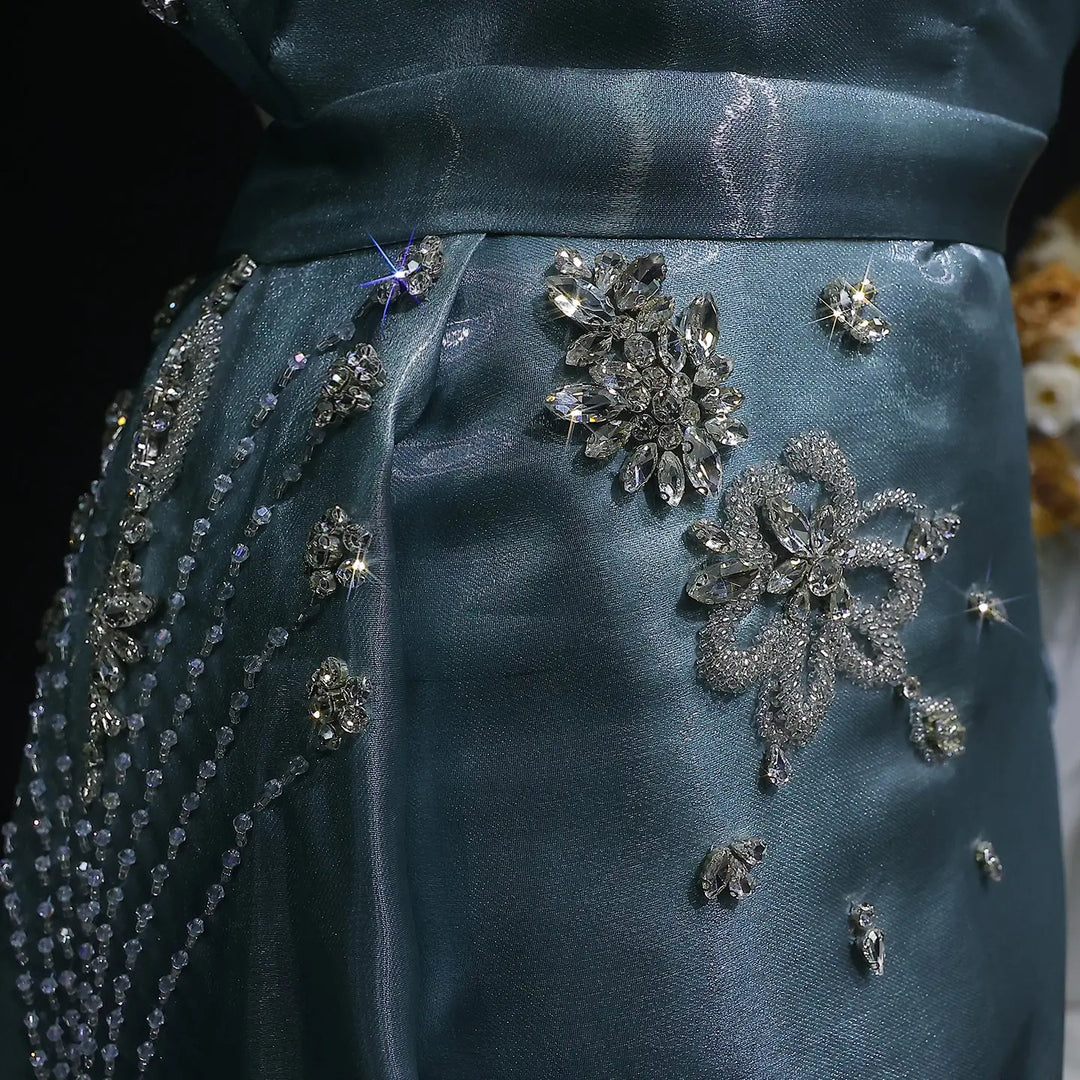 Luxury Satin One Shoulder Evening Dress with Beaded Embroidery Overskirt SS600