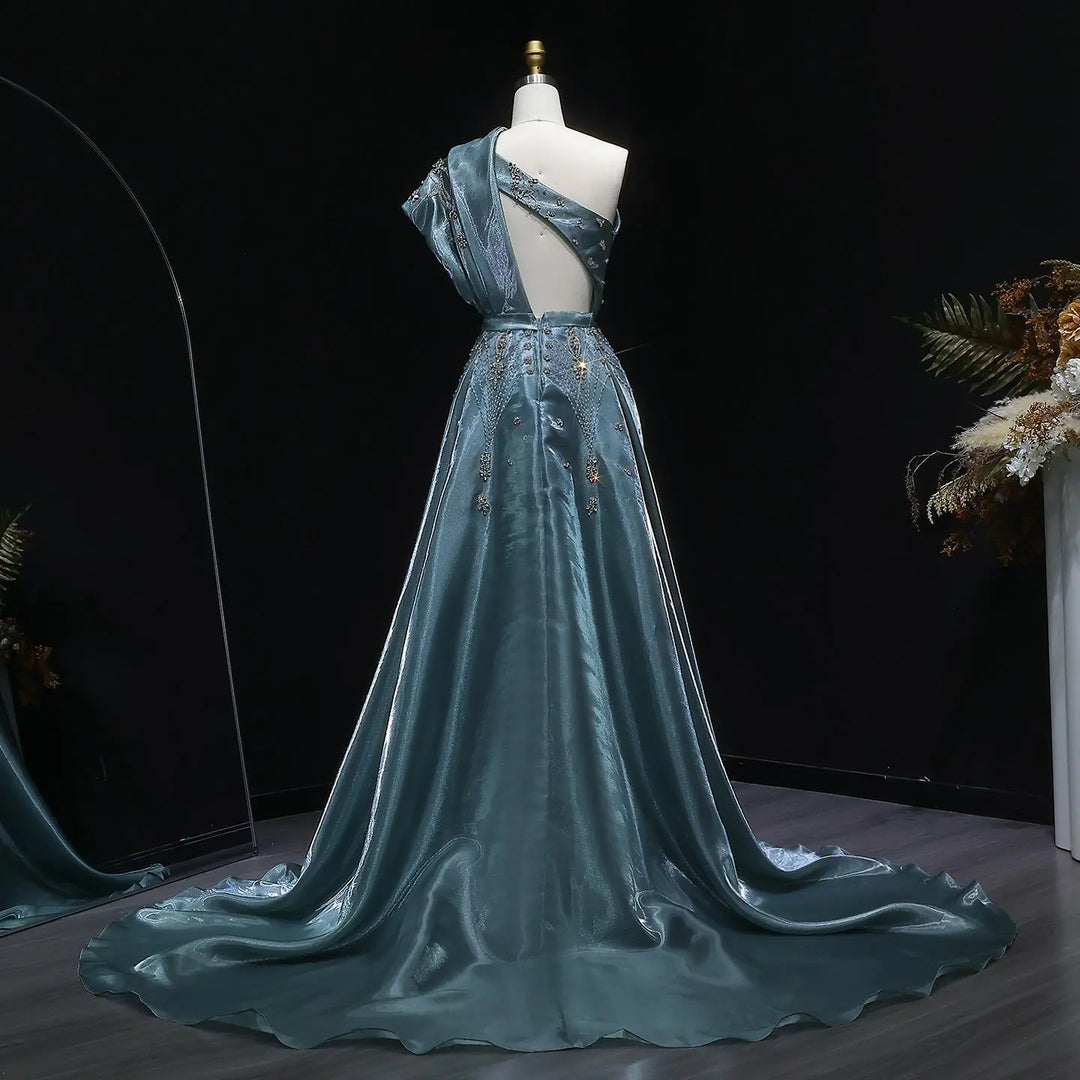 Luxury Satin One Shoulder Evening Dress with Beaded Embroidery Overskirt SS600