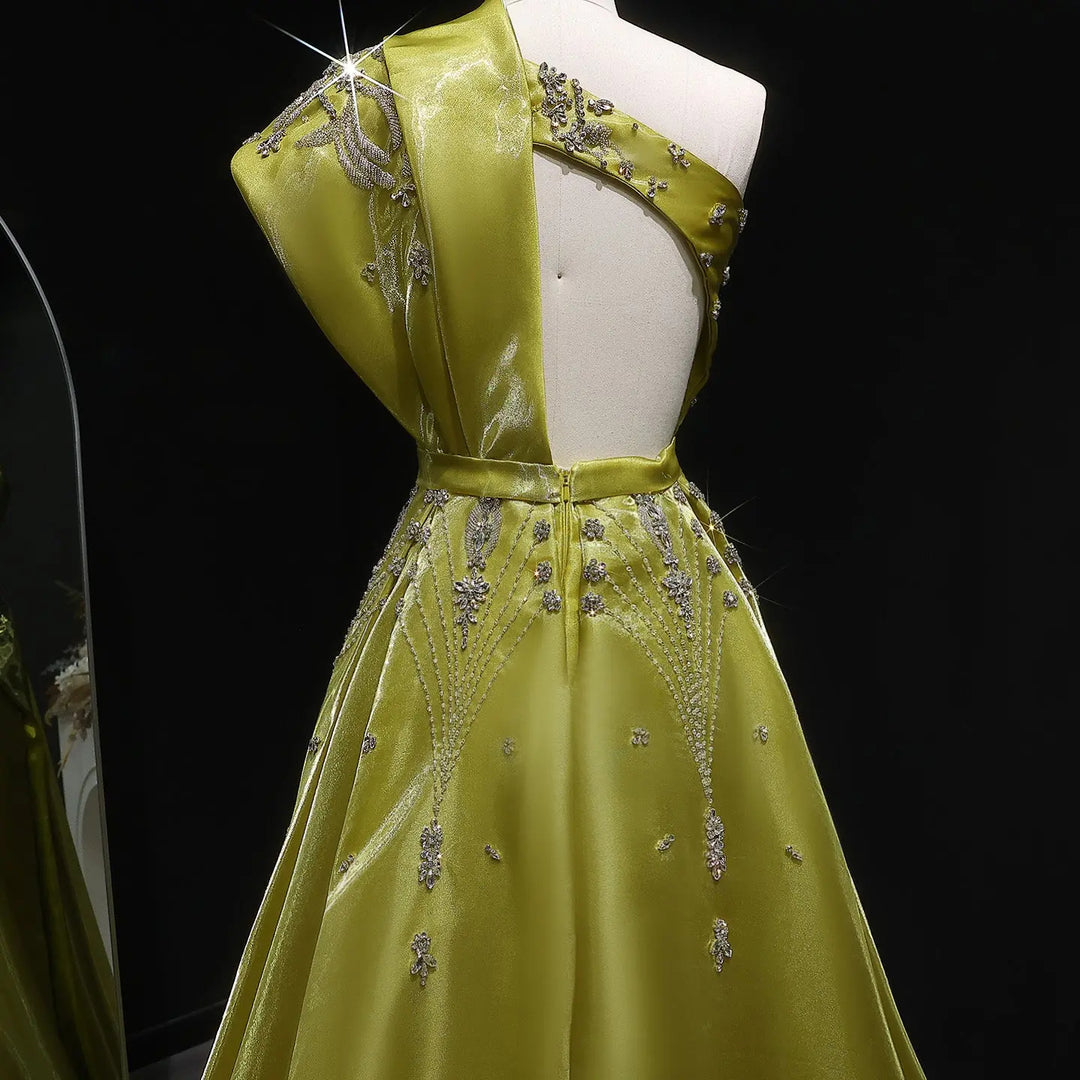 Luxury Satin One Shoulder Evening Dress with Beaded Embroidery Overskirt SS600