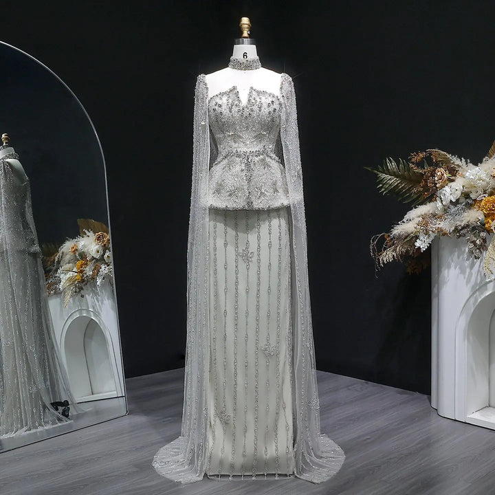 Luxury Silver Beaded Evening Gown with Cape Sleeve SS531