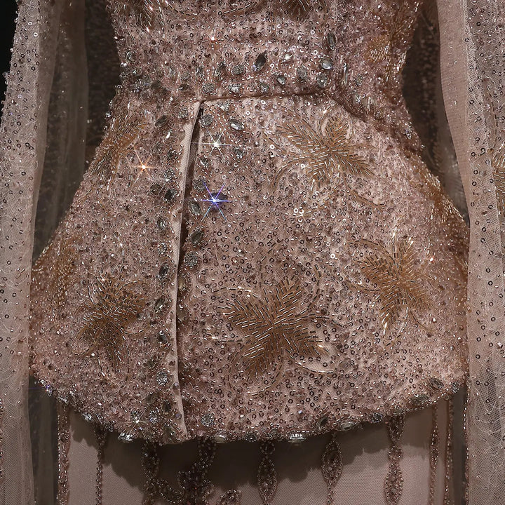 Luxury Silver Beaded Evening Gown with Cape Sleeve SS531