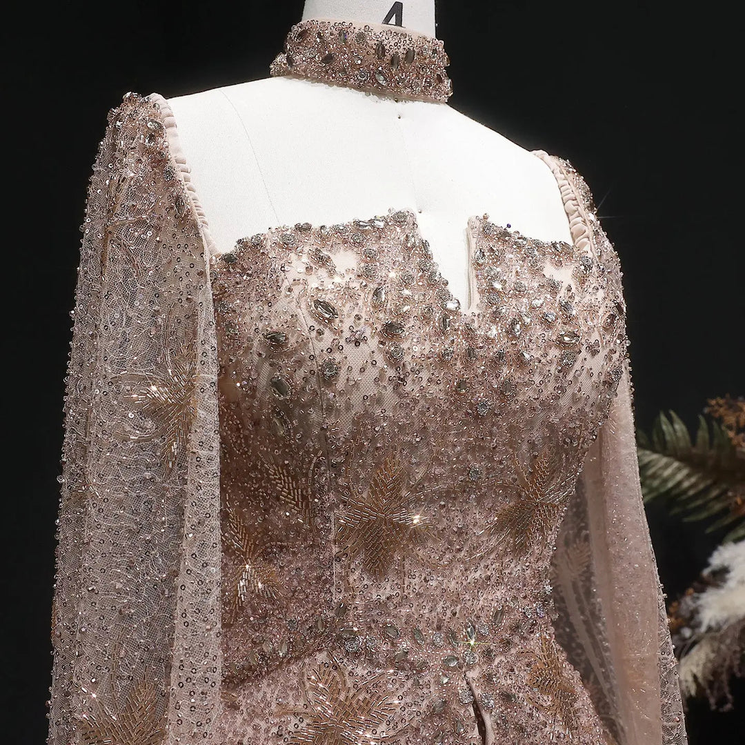 Luxury Silver Beaded Evening Gown with Cape Sleeve SS531