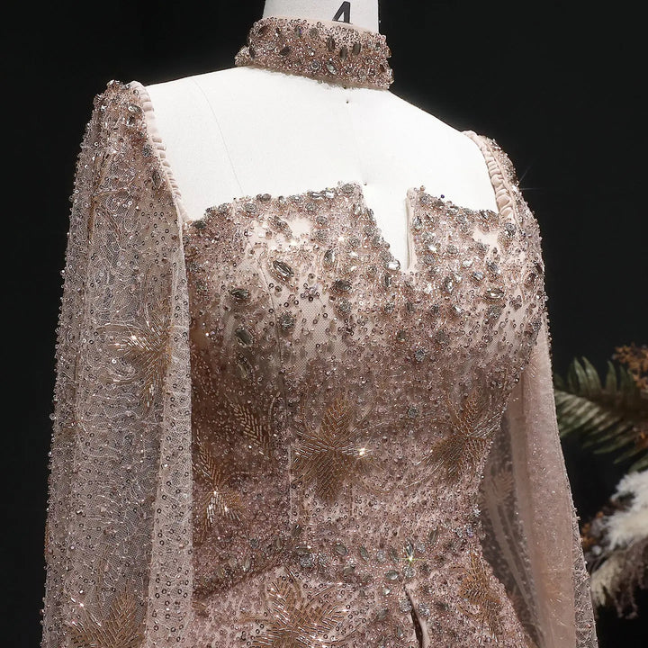 Luxury Silver Beaded Evening Gown with Cape Sleeve SS531