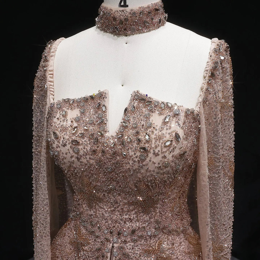 Luxury Silver Beaded Evening Gown with Cape Sleeve SS531