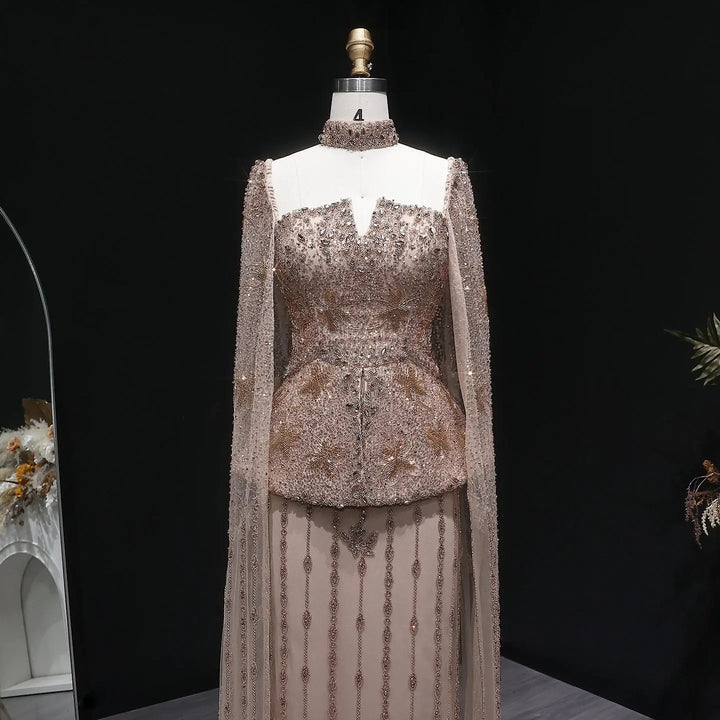 Luxury Silver Beaded Evening Gown with Cape Sleeve SS531