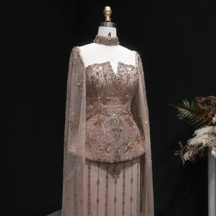 Luxury Silver Beaded Evening Gown with Cape Sleeve SS531