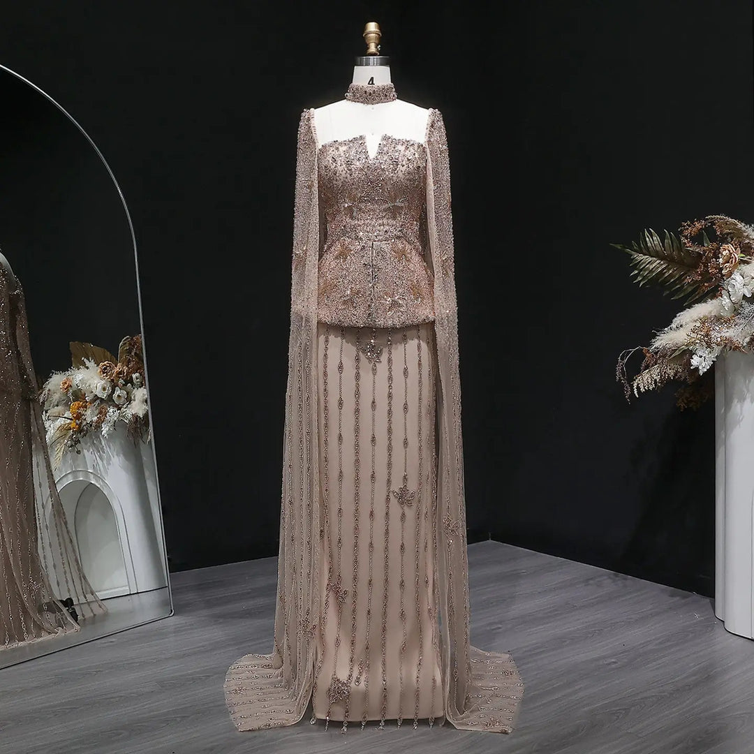 Luxury Silver Beaded Evening Gown with Cape Sleeve SS531