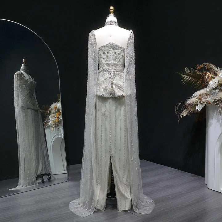 Luxury Silver Beaded Evening Gown with Cape Sleeve SS531