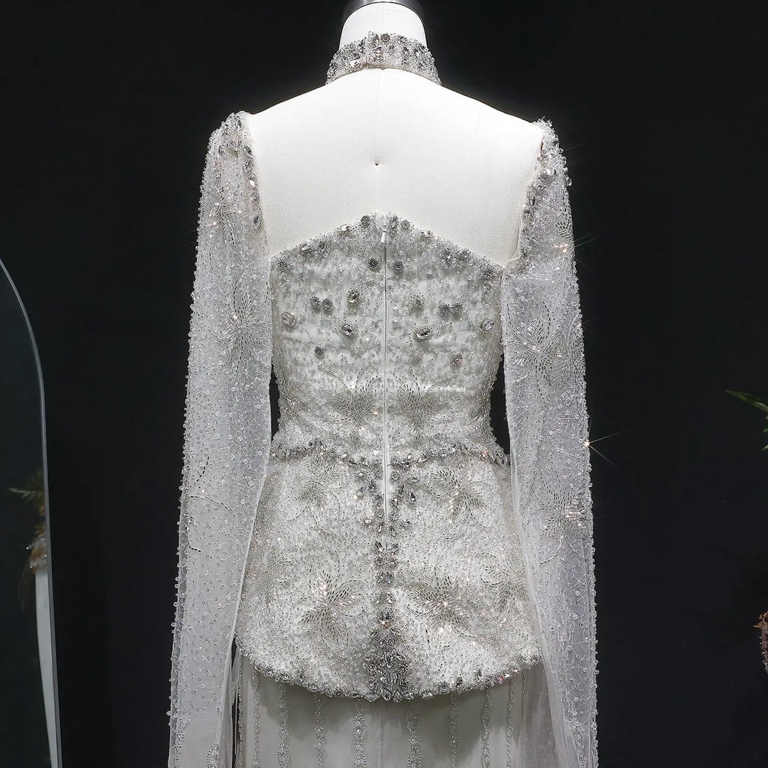 Luxury Silver Beaded Evening Gown with Cape Sleeve SS531