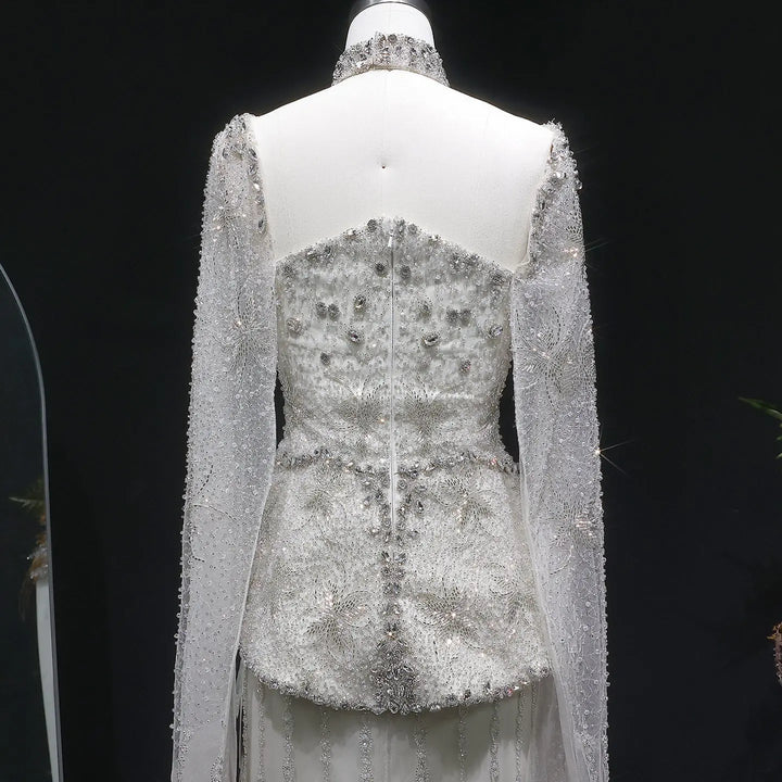 Luxury Silver Beaded Evening Gown with Cape Sleeve SS531