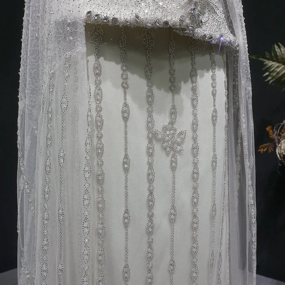 Luxury Silver Beaded Evening Gown with Cape Sleeve SS531