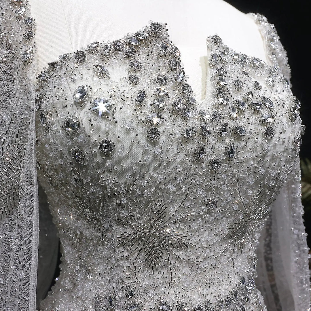 Luxury Silver Beaded Evening Gown with Cape Sleeve SS531