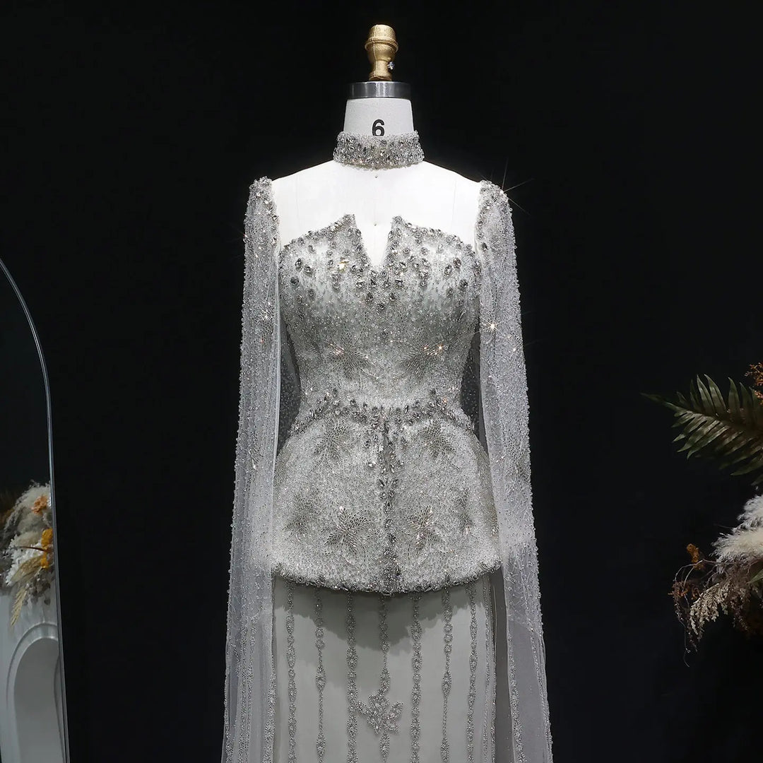 Luxury Silver Beaded Evening Gown with Cape Sleeve SS531