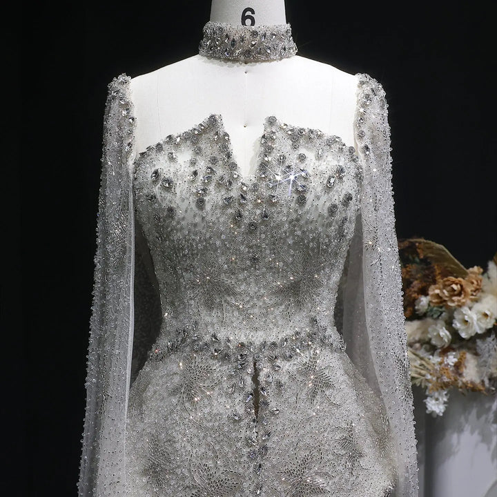 Luxury Silver Beaded Evening Gown with Cape Sleeve SS531