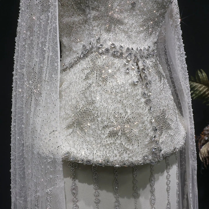 Luxury Silver Beaded Evening Gown with Cape Sleeve SS531