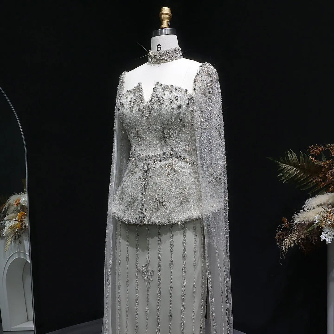Luxury Silver Beaded Evening Gown with Cape Sleeve SS531