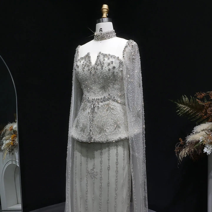 Luxury Silver Beaded Evening Gown with Cape Sleeve SS531