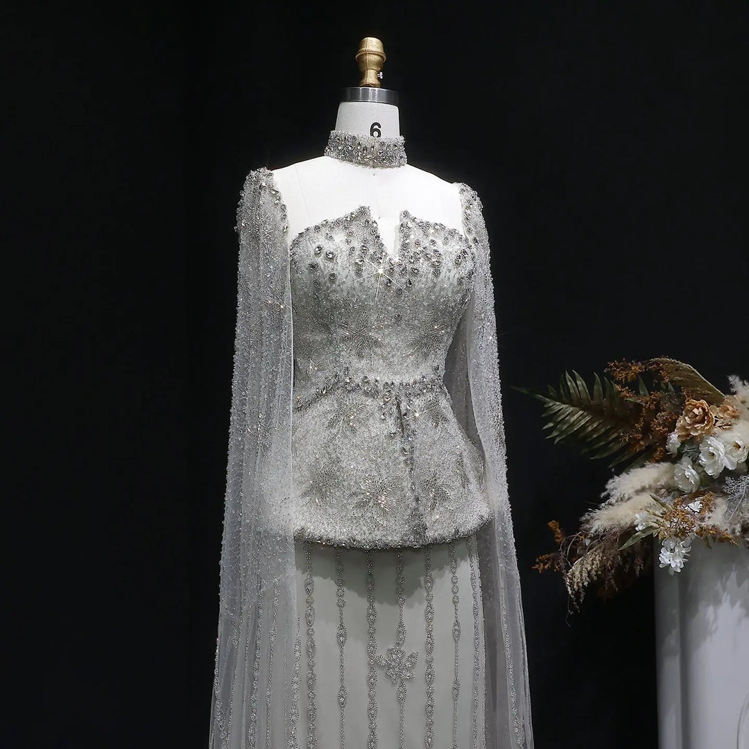 Luxury Silver Beaded Evening Gown with Cape Sleeve SS531