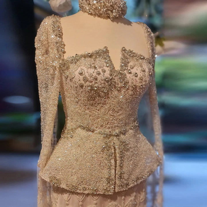 Luxury Silver Beaded Evening Gown with Cape Sleeve SS531