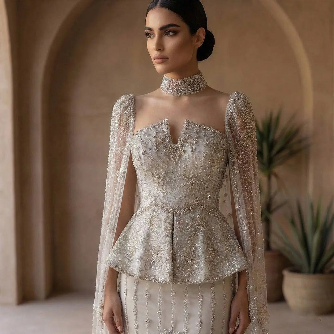 Luxury Silver Beaded Evening Gown with Cape Sleeve SS531