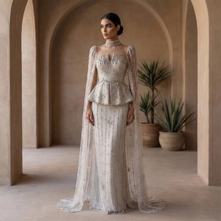 Luxury Silver Beaded Evening Gown with Cape Sleeve SS531
