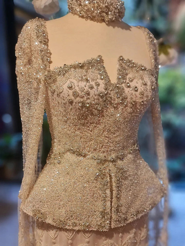 Luxury Silver Beaded Evening Gown with Cape Sleeve SS531