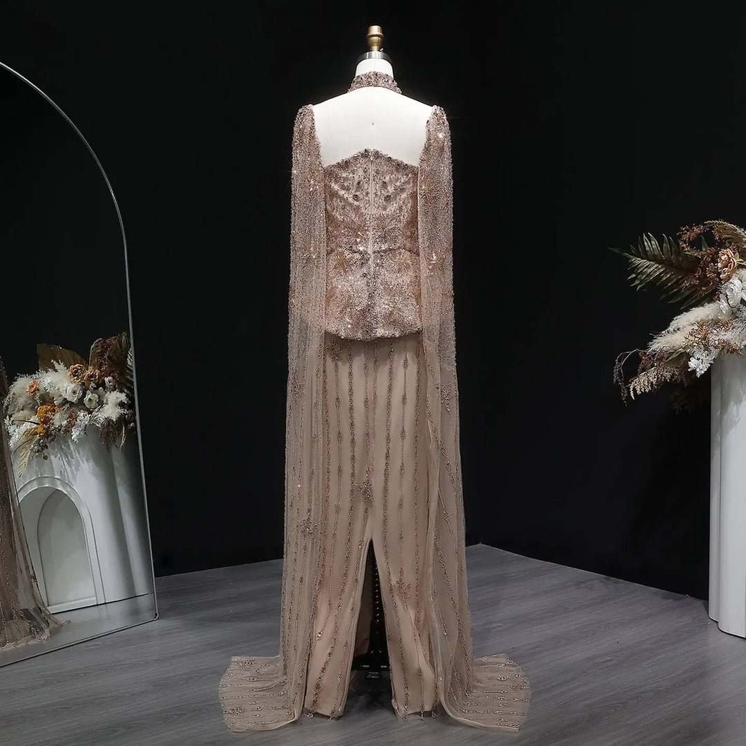 Luxury Silver Beaded Evening Gown with Cape Sleeve SS531