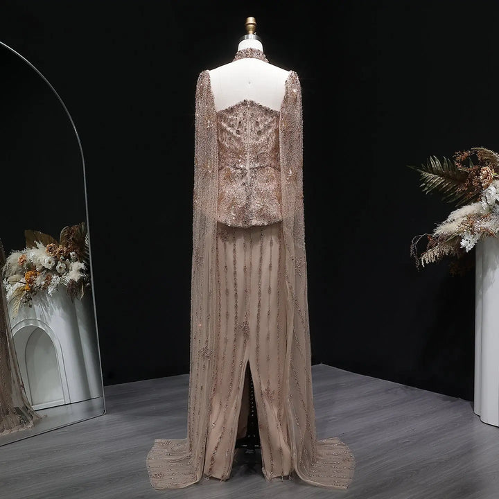 Luxury Silver Beaded Evening Gown with Cape Sleeve SS531