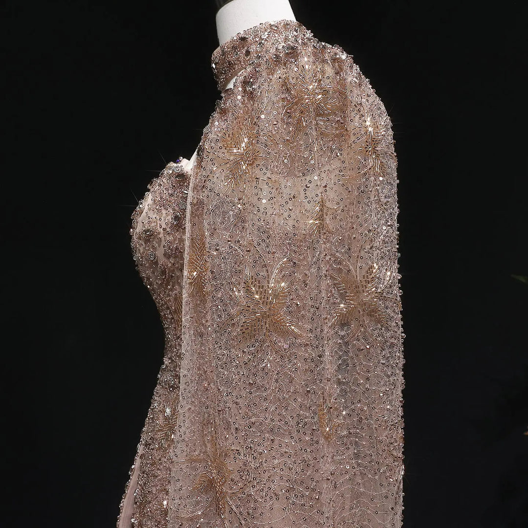Luxury Silver Beaded Evening Gown with Cape Sleeve SS531